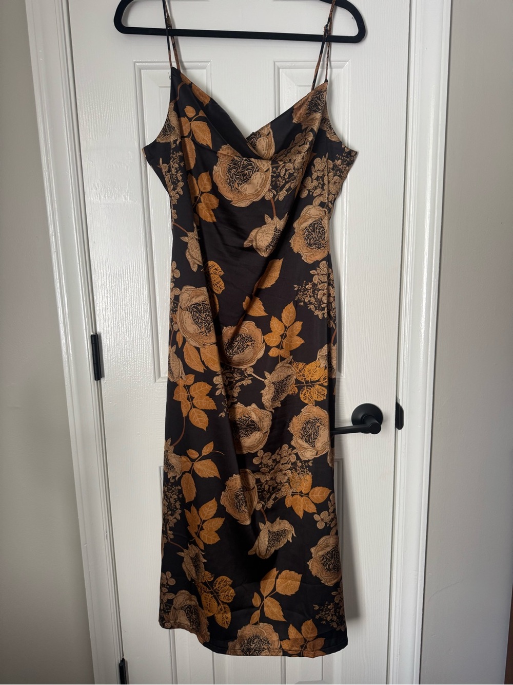 Lulu's Black Midi Slip Dress with Gold Floral Print